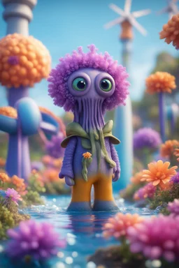 portrait cute fluffy toy wolly illithid mind flawyer in a water slide holding weird flowers in his trunk in the style of pixar, on a strange planet with weird colors and wind turbines, bokeh like f/0.8, tilt-shift lens 8k, high detail, smooth render, down-light, unreal engine, prize winning