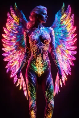 Beautiful Angel body painting neons glowing light in the dark and colorful details