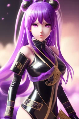 Detailed cute anime Kunoichi girl, purple hair buns, purple bangs, black latex bodysuit, intricate details, full body portrait, keep head in frame, slight smile, black Japanese motif, concept art, highly detailed, digital painting, concept art, sharp focus, illustration, art by Yoji Shinkawa, WLOP and greg rutkowski and alphonse mucha and artgerm and yanjun Chen and Junji ito and Makoto Shinkai, HDR, octane render