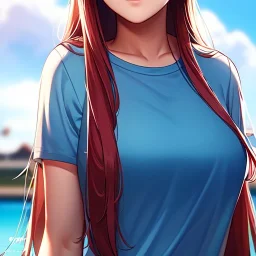 red long haired woman, casual clotting, realistic, HD4k, watery cloud background, close up shot,