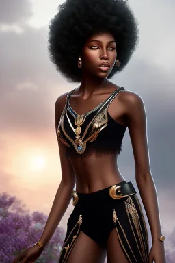 A beautiful black woman with long hair, fantasy setting, ethereal, soft lighting