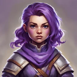 dnd, portrait of female halfling cleric, purple hair.