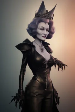 Marlene Dietrich as evil queen in black leather, leather, busty, cleavage, angry, stern look. character design by cory loftis, fenghua zhong, ryohei hase, ismail inceoglu and ruan jia. unreal engine 5, artistic lighting, highly detailed, photorealistic, fantasy