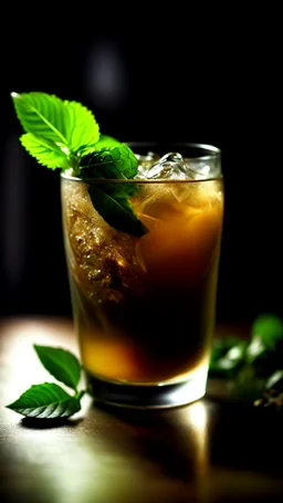 A refreshing glass of iced tea, with condensation glistening on the sides and a sprig of mint floating on top.