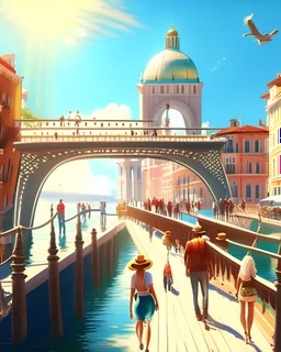 Ilustracion 3d de Venecia canal puente peatonal gente cielo soleado obra de arte 4k