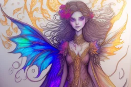 vibrant sketch, beautiful fairy in the middle of the night fighting with a fire dragon, the fairy's hair is glowing (golden), her cloak is embroidered with bioluminescent flowers, shading pastel and charcoal, flames, photorealistic watercolor in moonlight