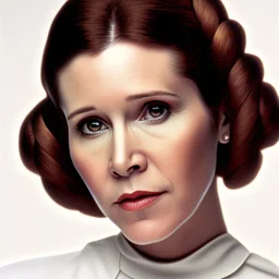 half-length portrait, three-quarter face pose of carrie fisher as Princess Leia with photo realistic fine and very simple short hair, entrancing deep brown eyes, eos5d mark 4, ef 85mm 5.6, Intricate, High Detail, Sharp focus, realism, beautiful and detailed lighting, by Annie Leibovitz