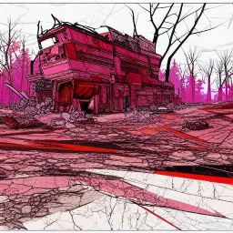  line Art coloured, destroyed, post apocalyptic, darkred tones,