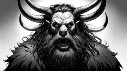 Monochromatic, highly detailed digital illustration featuring a fantastical creature with a humanoid face. The creature has a long, flowing beard and hair that appears wild and unkempt. It has a pair of large, curved horns protruding from its forehead and two smaller, tusk-like horns emerging from its cheeks. The skin is textured and appears rough, with a pale, almost ghostly complexion. The eyes are wide open, giving an intense and somewhat eerie expression. The background is a gradient of ligh