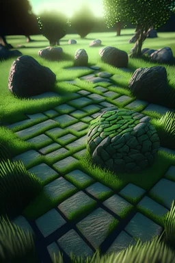 brilliant raytraced stone labyrinth with green grass, 4k, nvidia graphics, volumetric light, depth of field, autumn