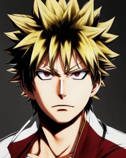 Detailed anime portrait of bakugo from my hero academia, gold hair and golden eyes, black suit, intricate details, full body portrait, keep head in frame, slight smile, black Japanese motif, concept art, highly detailed, digital painting, concept art, sharp focus, illustration, art by Yoji Shinkawa, WLOP and greg rutkowski and alphonse mucha and artgerm and yanjun Chen and Junji ito and Makoto Shinkai, HDR, octane render