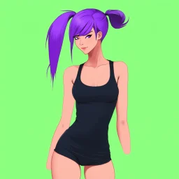 a pretty girl, skinny, relaxed, tank top, purple hair, ponytail, stylised, digital art