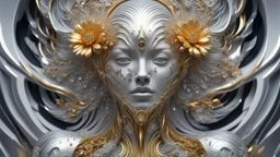 Waterfall, figure of a Woman, art from the "art of control" collection by Jasper Harvey, in the style of futuristic optics, silver and gold, flower, bird, detailed facial features, swirling vortices, 8k 3d, bizarre cyborgs, made of crystals, high detail, high resolution, 8K