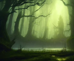 dynamic lighting, Intricately detailed, Splash screen art, deep color, Unreal Engine, volumetric lighting, dark fantasy artwork, dark swamp artwork, fantasy swamp artwork, cottage, night, fog, autumn,