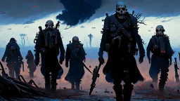 {{{Bio-engineered undead cyborg army marching}}} machine soldiers, hazmats, tactical wear, gas creepy landscape, techno gothic visual composition, science fiction painting, Denis Sarazhin, Alex Colville, Simon Stålenhag, Neil Blomkamp, Frank bowling, Christopher Shy, Alejandro Burdisio, RAW, gritty, high contrast, atmospheric horror art, gripping and suspenseful, vivid, neon overlay, narrative art, textured, dramatic, surreal horror, gestural, retro futuristic nightmarish art, apocalyptic art