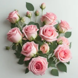 A bouquet of pink roses with delicate green on a light background