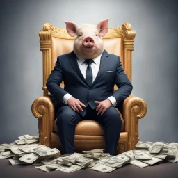 rich pig in suit on a throne making stacks of money by making a deal with a buisnessman