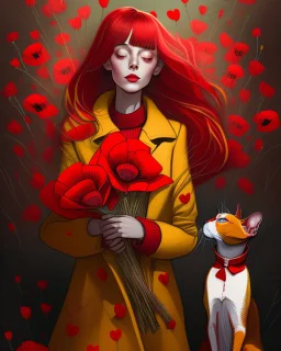 Create a moving illustration of a red girl wearing a yellow coat holding a bouquet of red poppies, standing peacefully, head leaning upward. A Oriental shorthair Siamese chocolate point cat with a red heart-shaped collar sits at her feet, looking up adoredly. Use a dark, textured background to accentuate the heat of the subjects. Emphasize a calm and introspective atmosphere. HD