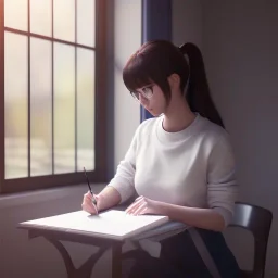 female student studying by the window, anime style,perfect face, cool face, unreal engine 5, cinema4d, sun light, studio lighting --ar 1:1 --v 4