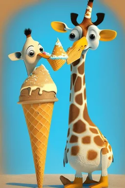 Cartoon character penguin and giraffe eating ice cream