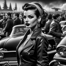 Create image: woman with a vintage pin-up hairstyle in greyscale tones stands in the foreground. She's wearing a zippered leather jacket and adorned with tattoos, a red bandana, earrings, and dark lipstick. In the background, a vivid scene of a drag race unfolds with classic cars and visible smoke above.