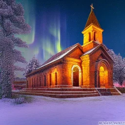 Ancient Armenian Church decorated with intricate stone carvings on a snowy night, golden crosses on tops, pink light inside, many different color northern lights, mountains, 10 second long exposure highly detailed ultra reallistic oil on canvas cinematic lighting colourful Jacek Yerka Thomas Kinkade Caspar David Friedrich long exposure good atmosphere