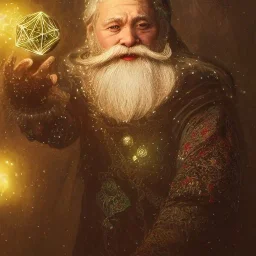 Insanely detailed photograph of an “D&D cleric santa holding glowing D20” with intricate detailed beard, intricate embroidered clothing, hyperdetailed painting by Ismail Inceoglu Huang Guangjian and Dan Witz CGSociety ZBrush Central fantasy art album cover art,8K, hdr, mysterious, ominous, snowflakes,jolly