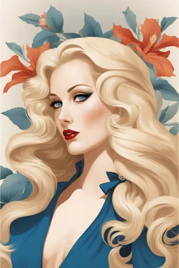 beautiful blonde girl, blue eyes, long hair, in the style of Alberto Vargas