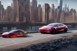 A Tesla 'Model S' is racing at top speed, near the 'Pier 11' in Manhattan. (CINEMATIC, WIDE ANGLE LENS, PHOTO REAL)