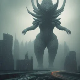 Kaiju, female monster, humanoid bodybuilder, curvy giant, horrorpunk,futuristic, city, smoke, rain, digital illustration, fantasy, architecture, sharp focus, concept art, octane render, scary, 8 k