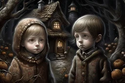 Hansel and Gretel, girl and boy, gingerbread house, dark forest background Smooth, intricate, high definition, pencil sketch, watercolor, dramatic lighting, full figure, polished head to toe, warm light, long shot, watercolor and ink, LNF, face enhanced well. glitter. Daniel merriam, Michal Sawtyrukl, Iwona Lifsches. Edward Hopper, Mark Ryden