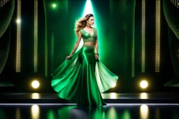 a very beautiful lady with makeup and curvy hair, wearing a pretty green jewelled long skirt with blouse and high heels, dancing over a modern stage with luxury metalic fractal recursive animating structures and dynamic color lights.3by 2