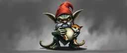 air brush 3d with pen outline, mongrel goblin gremlin holding big cute cat monster gnome with blurred shadow outline, charcoal fog border