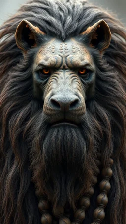 A Hyena with human look face and long hair and beard looks like an ancient Sumerian gods