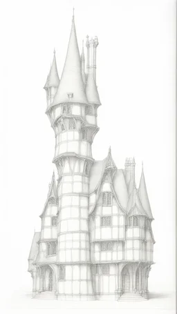 technical drawing pencil sketch front elevation of a row of skeletal multtechnical line drawing of the front elevation of a tall, narrow, warped, fantasy Tudor building, with twisted chimneys, rooms and floors added to sides and roofs, like the warren.i-story fantasy tudor buildings