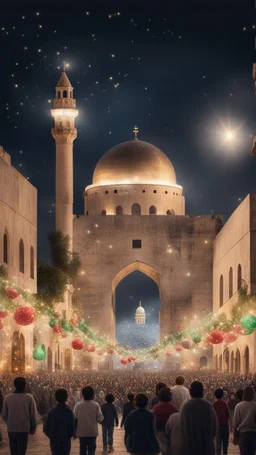 Hyper Realistic lots of people & children celebrating in the streets of Palestine with Al-Aqsa mosque from far at night with garland lights & decorations