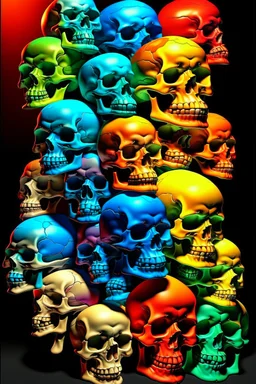 a stack of 1000 anatomically correct cartoonish skulls, vivid colors, dark comedy, well lit, high detail, photorealistic