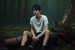 thin 17 year old male with short dark hair and blue eyes wearing a ripped and dirty white teeshirt sitting on a log , photorealistic, 4k, dark fantasy