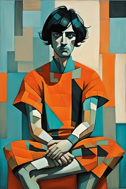whimsical arafed nonsense stylized abstract portrait of a man with dark bob hair, seated with arms crossed, (((exaggerated body parts))), (((oversize head))), in vibrant orange dress and black accents around wrists, background is blend of bold beige and drab patchwork vibe, cyan tints, rainy whimsical afternoon, sharp color contrasts, amazing shadows, minimal cozy, color leak, heavily distorted views, amazing parallels