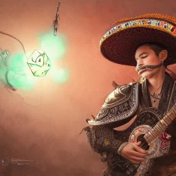 Insanely detailed photograph of an “ a mustachioed mariachi focusing on a glowing D20” with intricately detailed Sombrero, intricate armored charo, hyperdetailed painting by Ismail Inceoglu Huang Guangjian and Dan Witz CGSociety ZBrush Central fantasy art album cover art,8K, hdr, mysterious, flickeringlights ,Stoic