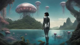 Detailed matte painting of a wide-angle shot of a woman, standing on the left side of the shot, with dark hair in a silver robotic catsuit, many large floating jellyfish with octopus tentacles, alien jungle trees in the distance, with an alien beach and lake, deep colour