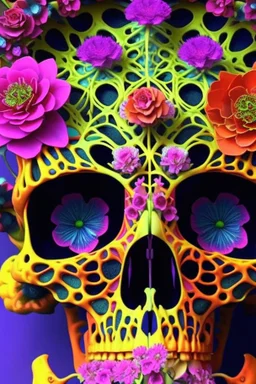 Elaborate skeleton lattice with multicolored blooming alien flowers growing through it.