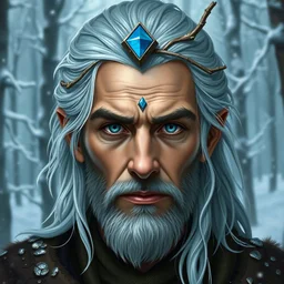 Generate a dungeons and dragons character portrait of the face of a man Eladrin. he is a circle of the Lands Druid (Grassland). he got ice hair and voluminous. His skin is warm. his eyes are grey . there is a winter forest behind him . the weather is cold . he has a small wooden branch with a blue stone on his forehead