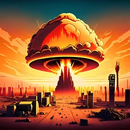 morning sunrise mushroom nuclear bomb exploding in vampire futuristic city with skyscrapers in the desert cartoon