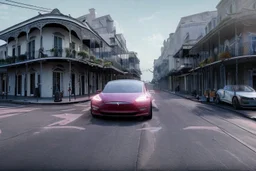 A Tesla 'Model Y' is racing at top speed, on the streets of New Orleans. (CINEMATIC, WIDE ANGLE LENS, PHOTO REAL)