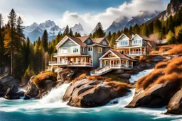 pretty dream houses in rocky mountain in wavy sea side,beautiful lady standing on