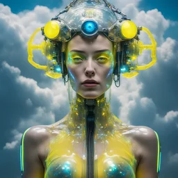 Organic, cyborg Ai queen with neuralink headgear, on an inter dimensional catwalk,perfect human face, clear acrylic plastic film, full body shot, catwalk fashion show, iridescent, surreal, Salvador Dali meets pixels,,waterhead, dj style, neon yellow,glowing eyes ,clouds, eye patch,pealers
