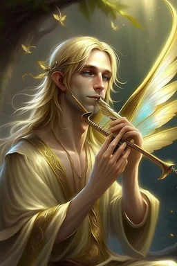 fee, männlich, libellen flügeln, hellblondes, langes Haar, Flöte spielend, lange spitze Ohren, goldene Augen, realistisch