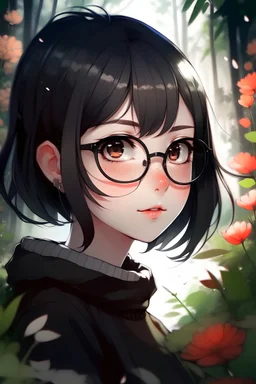 Desenhe em estilo anime, uma menina bonita que usa óculos, cabelos curtos de cor preta e roqueira