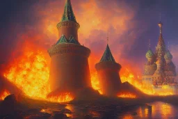 Peinture de Vladimir poutine, kremlin en feu,